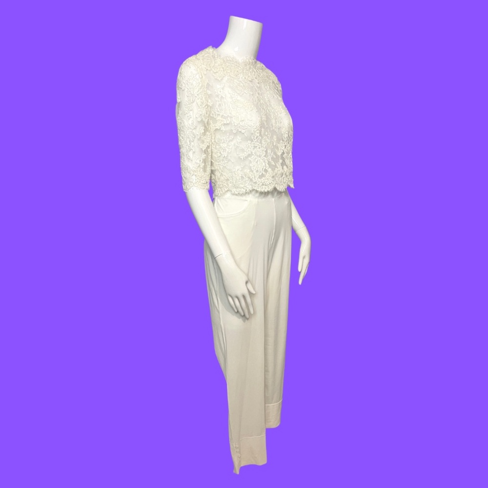 Size M-L Vintage white Lounge Wear Elastic Waist Side Pockets Pant Cuff Hem
